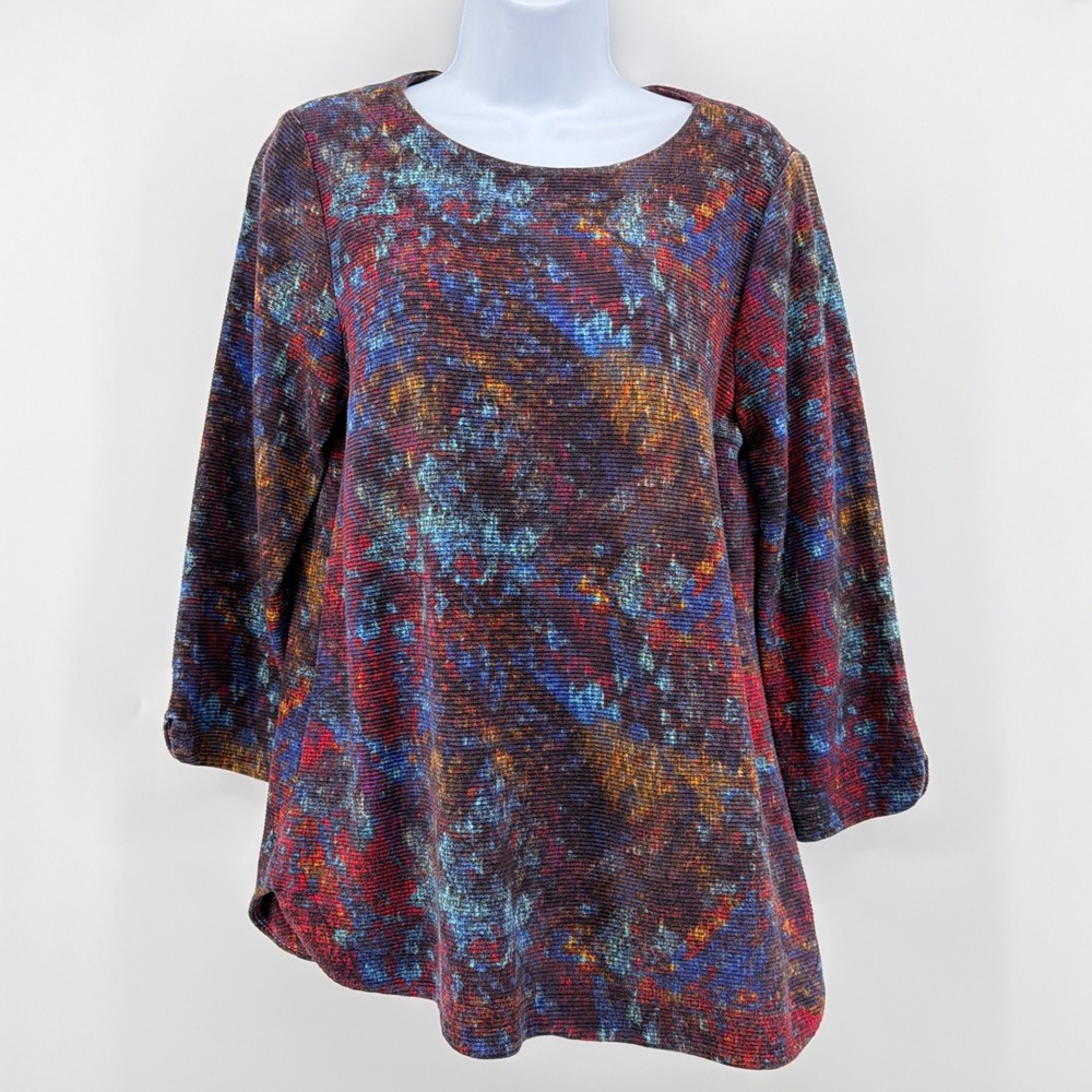 John Mark Ribbed Knit Tunic Top Medium Multicolor Abstract Artsy V-Notch Sleeve